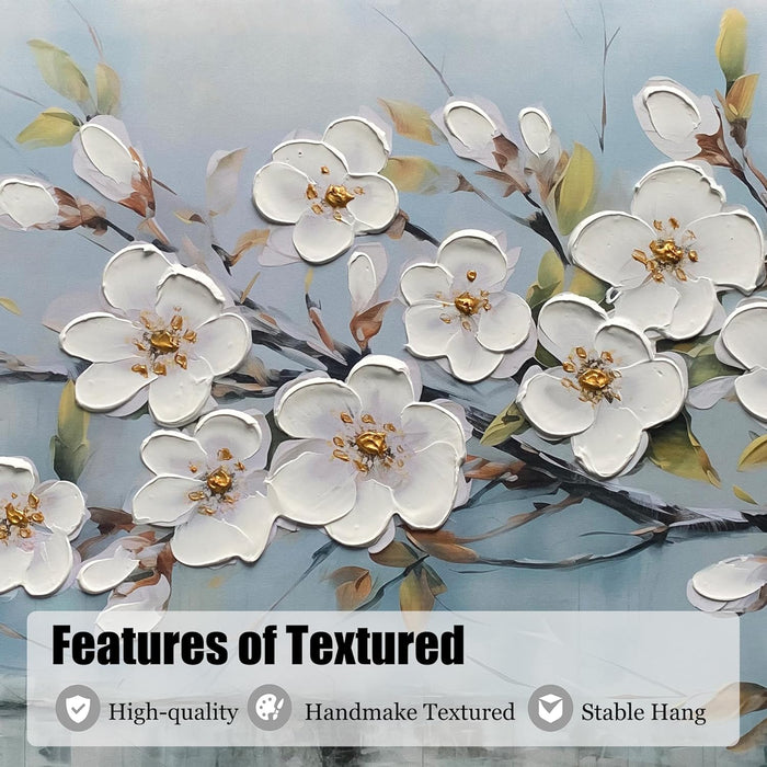 White Textured Flowers Wall Art for Living Room Canvas Wall Decor, Modern Elegant Landscape Wall Art for Dining Room Hallway Office Home 40"X20"