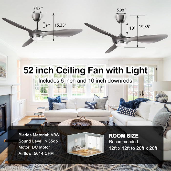 52 Inch Modern Smart Wifi Ceiling Fan with Light and Remote Control, Living Room Bedroom Patio 3 Blade Ceiling Fans with Reversible Mute DC Motor, Silver