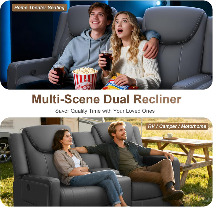 Loveseat Recliner Sofa, Gray PU Leather Double Recliner Loveseat with Console, Cup Holders, Storage & USB Ports, Ergonomics， Manual Reclining Sofa Couch for Living Room, RV