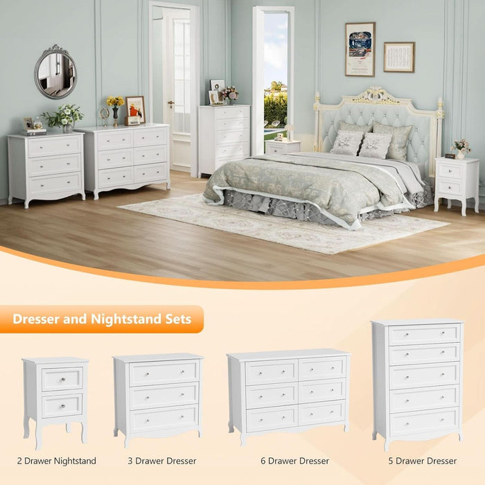 White Dresser 6 Drawer, Wood Dresser Chest of Drawers, Clothes Dressers for Bedroom with Curved Legs and Grooved Drawer Front, French, 47.24" W*15.75" D*33" H