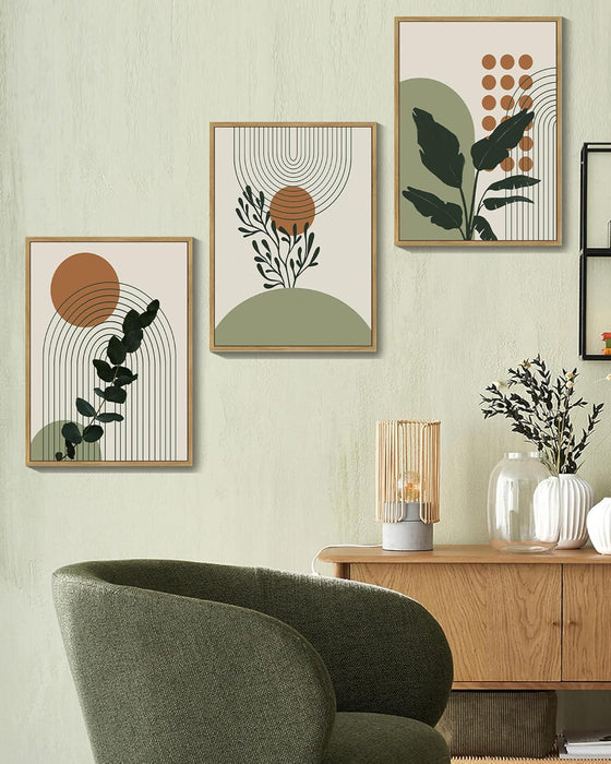 Boho Plant Wall Art Green Botanical Bohemain Framed Wall Printing 11X14In Abstract Canvas Prints with Leaf & Sun Lines - Natural Framed