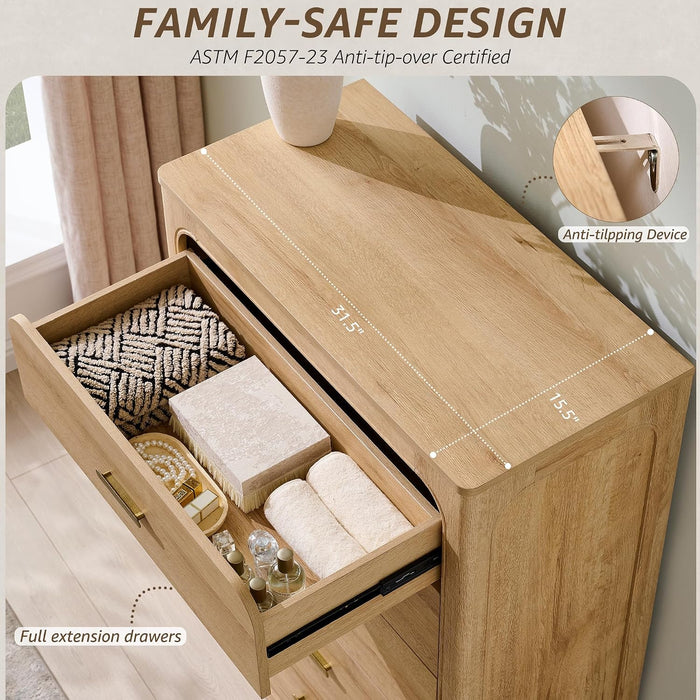 46" Tall Transitional 5-Drawer Dresser for Bedroom, Pale Honey Oak