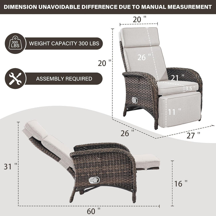 Versatile Outdoor Recliner Chair - Reclining Patio Chair with Adjustable Backrest and Footrest, All-Weather Wicker Chaise Lounge Chair Outdoor for Pool Deck Brown Beige