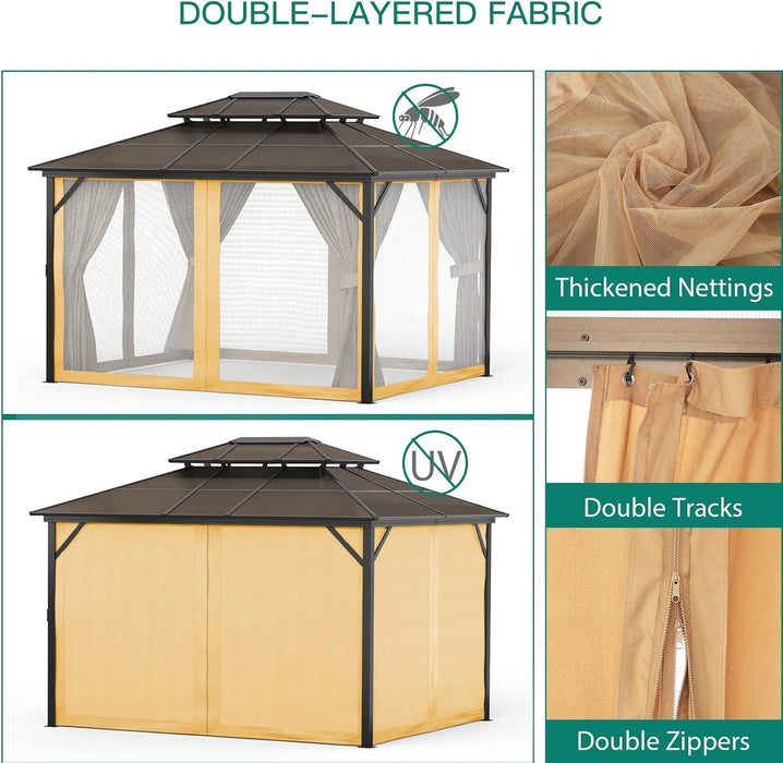10'X13' Hardtop Gazebo, Double Polycarbonate Roof, All-Weather Heavy-Duty Aluminum Frame, Netting & Curtains, Permanent Outdoor Pavilion for Patio, Garden, Lawn, Khaki