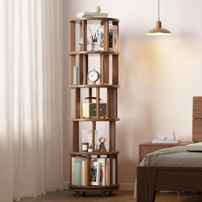 5 Tier Solid Wood Rotating Bookshelf Tower on Wheels, Walnut