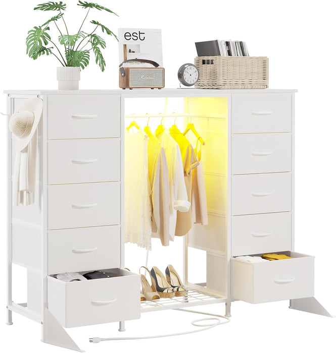 55"W Dresser with Hanging Rack,10 Fabric Drawers & Hooks for Bedroom