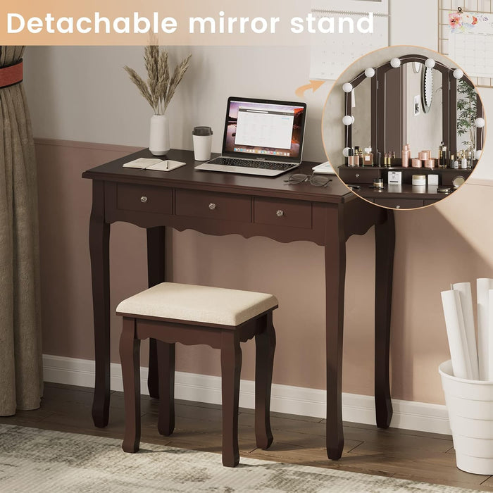 Vanity Desk, Makeup Vanity Set with Lighted Mirror and Stool, Dressing Table with 5 Drawers, 3 Light Settings & Adjustable Brightness, Espresso