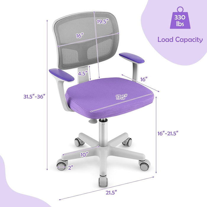 Kids Desk Chair, Ergonomic Kids Swivel Study Chair with Lumbar Support, Breathable Mesh & Universal Wheels, Height Adjustable Kids Computer Chair for Boys & Girls (Violet)