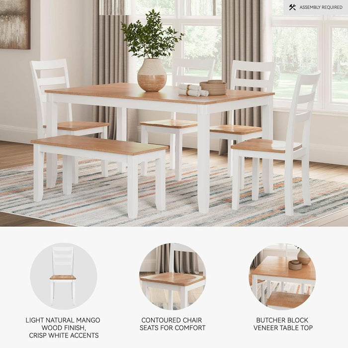 Gesthaven Casual Modern Dining Room Table Set with 4 Chairs and Bench, Set of 6, Mango Wood, 30.25" Table Height, White & Light Brown
