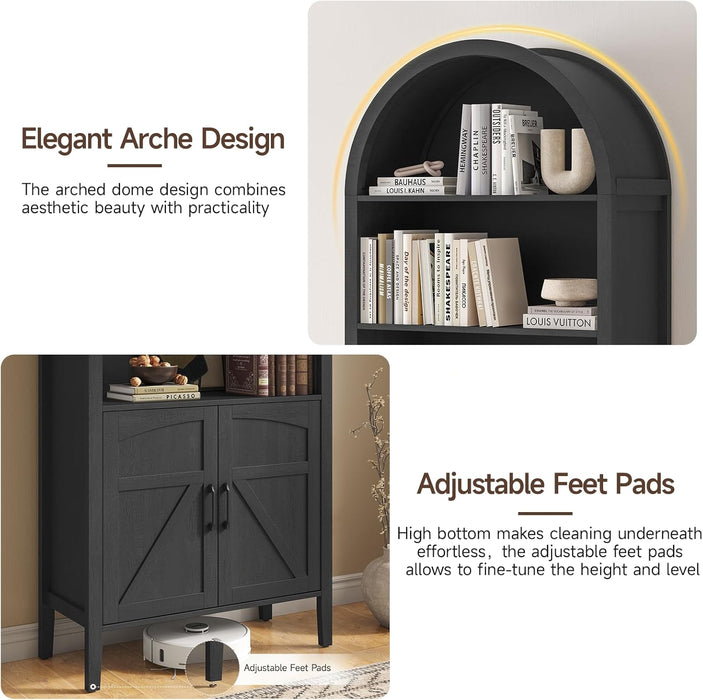 71" Tall Arched Bookshelf, 5-Tier Arched Bookcase with Door & Storage Cabinet, Farmhouse Display Bookshelf Cabinet with Adjustable Shelf, Freestanding Wood Bookcase for Home Office, Study