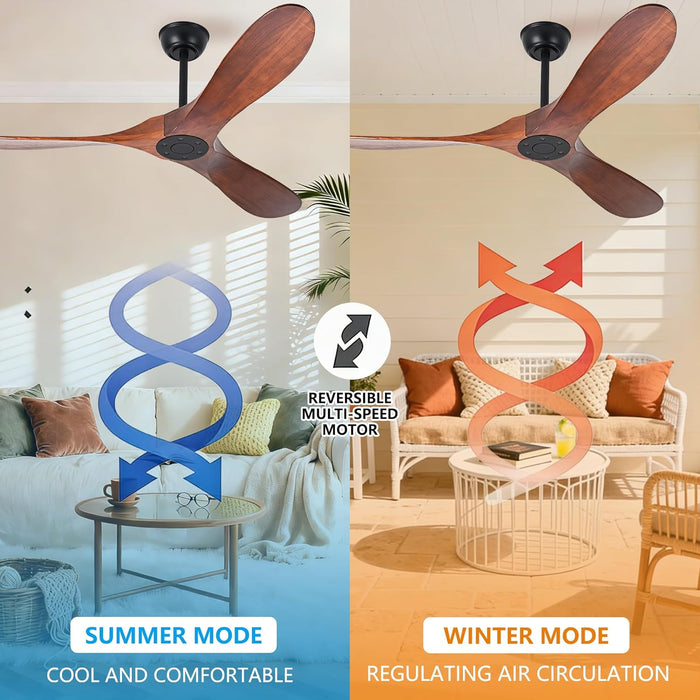 60 Inch Ceiling Fan No Light, Wood Indoor Outdoor Ceiling Fans for Patios Living Room Bedroom Gazebo, Big High CFM Wet Rated Wooden Propeller Ceiling Fan for Sloped Ceiling (Walnut)