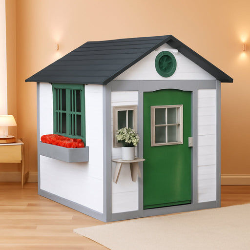 Outdoor Kids Playhouse, Wooden Playhouse with Doors, Windows, Planter Pots and Boxes for Toddlers 3-8 Years, Cottage Play House for Backyard, DIY Chicken Coop, White