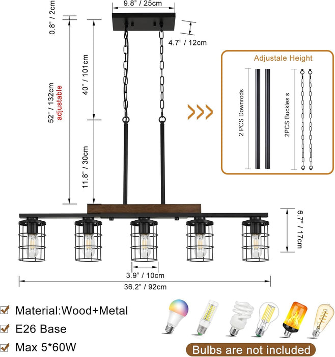 Dining Room Light Fixture/Chandelier over Table, 36.2-Inch Hanging for Farmhouse Linear Chandeliers,5-Light Kitchen Island Lighting, Black Rustic Wooden Ceiling Chandelier,With Metal Lampshade