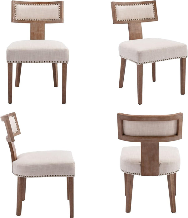 Mid Century Modern Dining Chairs Set of 4, Farmhouse Linen Upholstered Kitchen Dining Side Chairs with Nailhead Trim Curved Backrest, Armless Solid Wood Dining Chairs, Beige