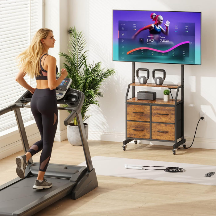 Rolling TV Stand with Mount & 4 Fabric Drawers - TV Stand with Wheels for 32-75" TV, Entertainment Center & Console Table for Living Room or Bedroom, Modern Television Stand with Storage, Rustic Brown