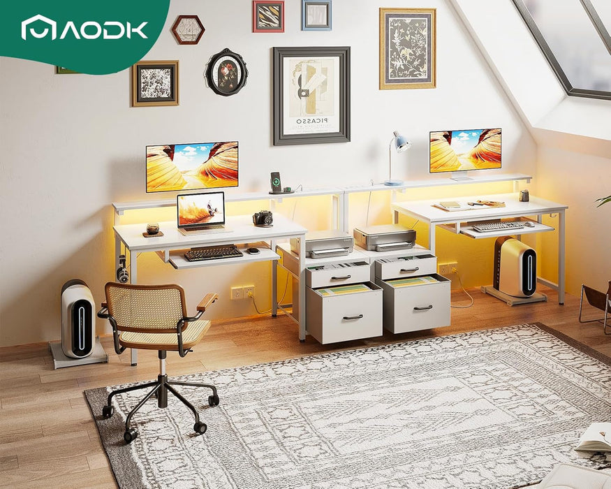 48" Computer Desk with Fabric File Cabinet and Drawer, Reversible Office Desk with Power Outlet and LED Light, Study Desk with Printer Stand, Keyboard Tray, Full Monitor Riser and PC Stand, White