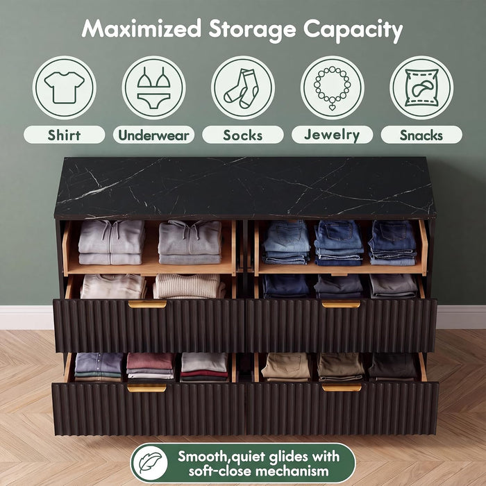 Fluted Dresser for Bedroom, 47.2" Wide Chest of 6 Drawers, Black