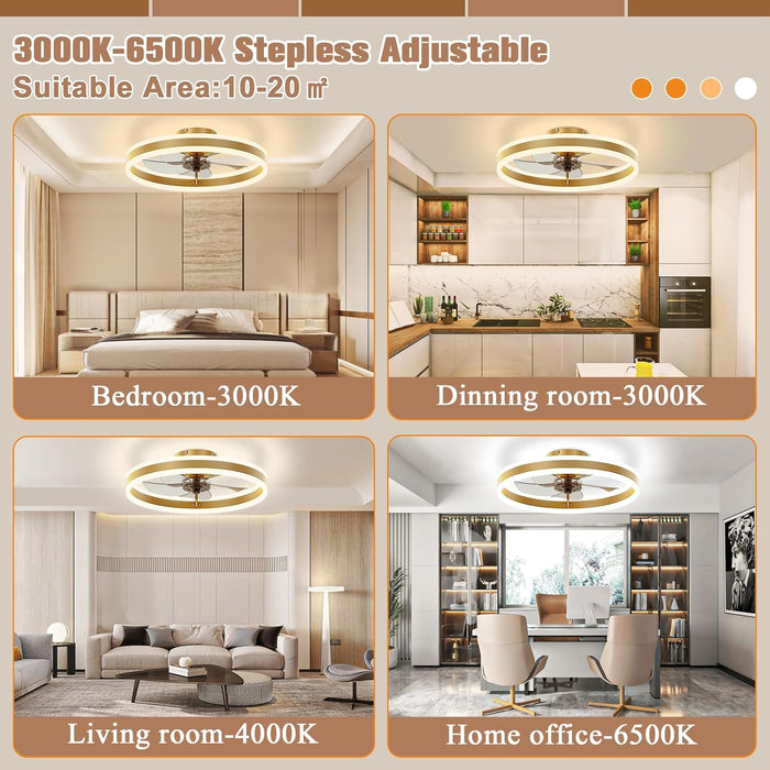 Low Profile Ceiling Fans with Lights and Remote, 19.7In Flush Mount Ceiling Fans with Light, 3000K-6500K Dimmable Fandelier LED Fan Light, Gold Bladeless Ceiling Fans with Lights for Bedroom