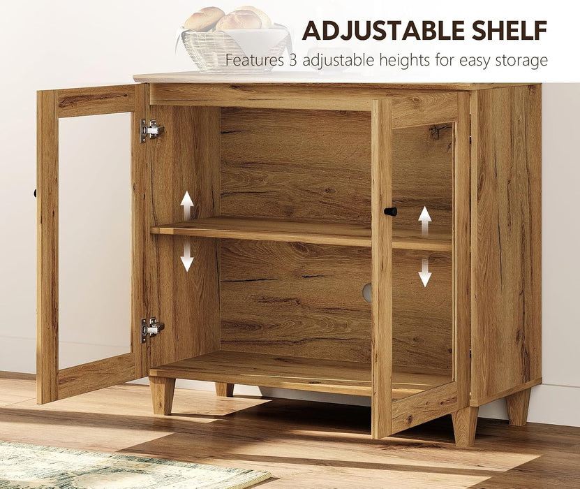 Glass Buffet Cabinet, 35.4" Modern Coffee Bar Sideboard, Oak Brown | Adjustable Shelf, Cable Management, Anti-Tip, Tempered Glass Doors, Wood Legs, Modular Storage for Dining Room Living Room