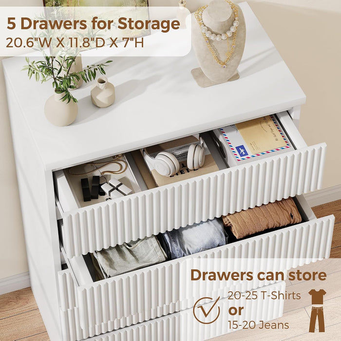 Fluted 5 Drawer Dresser, 43" Tall Dresser for Bedroom, Modern Fluted Chest of Drawers, Wood Drawer Organizer for Living Room, Bedroom, Entryway, Hallway (White)