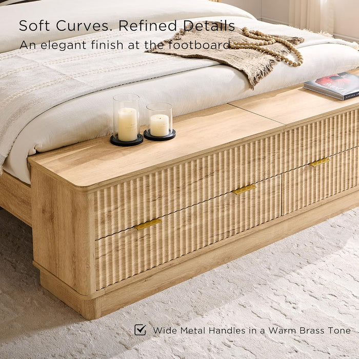 Fluted Queen Size Bed Frame with Wingback Headboard, Footboard Storage Bench with Built-In Drawers & Lift-Up Compartments, Wood & Steel Platform Bed, No Box Spring Needed, Natural Oak