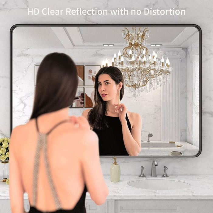 48X32 Inch Black Metal Framed Bathroom Mirror for Wall, Matte Black Bathroom Vanity Mirror Farmhouse, Large Rounded Rectangle Mirror, Anti-Rust, Tempered Glass, Hangs Horizontally or Vertically