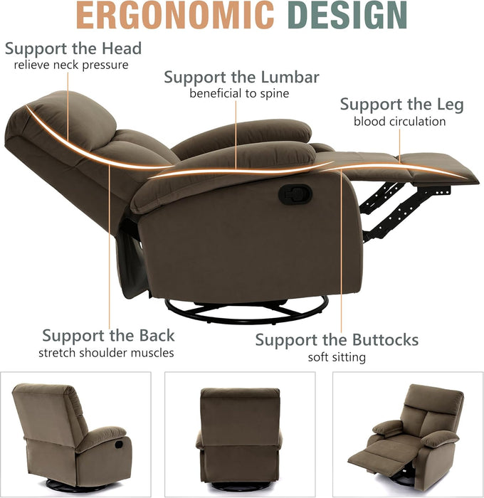 Swivel Rocker Recliner Adults, Rocking Small Recliner Chair for Small Spaces, Small Rocker Recliner Chair for Living Room, RV, Nursery, Bedroom, Light Brown