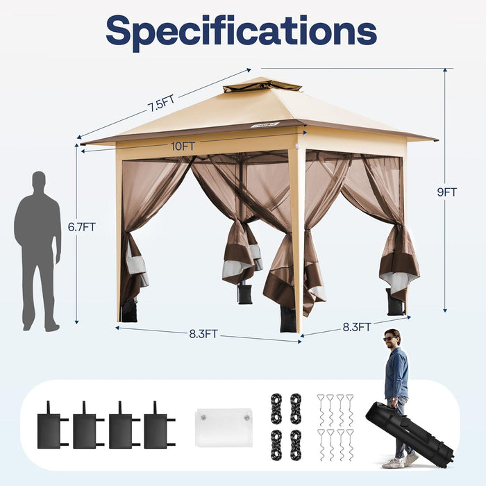 Pop up Gazebo 10X10Ft Outdoor Canopy Tent with Mosquito Netting & 2 Tiers Roof for Patio Garden Backyard, Beige