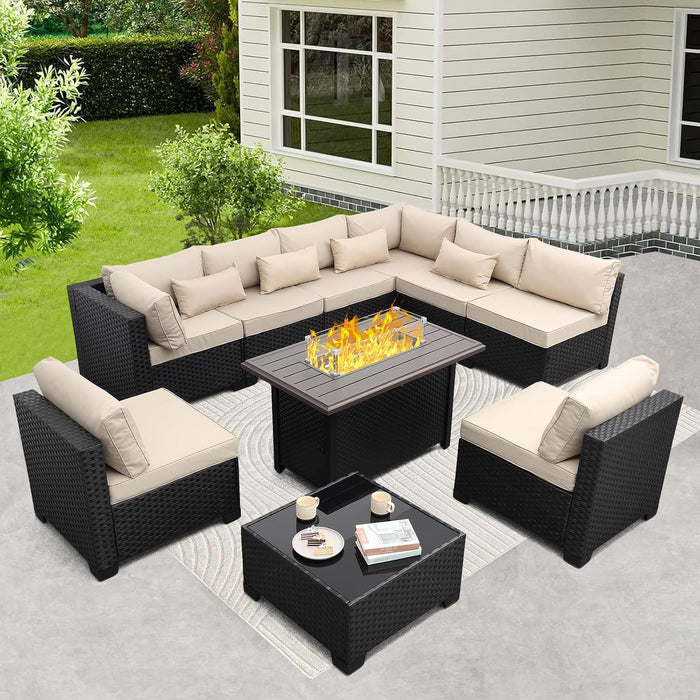 10 Pieces Outdoor Sectional All-Weather Wicker Patio Furniture Set Patio Sectional and Steel Fire Table and Glass Patio Table Non-Slip Cushions and Waterproof Covers, Khaki