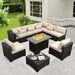 10 Pieces Outdoor Sectional All-Weather Wicker Patio Furniture Set Patio Sectional and Steel Fire Table and Glass Patio Table Non-Slip Cushions and Waterproof Covers, Khaki