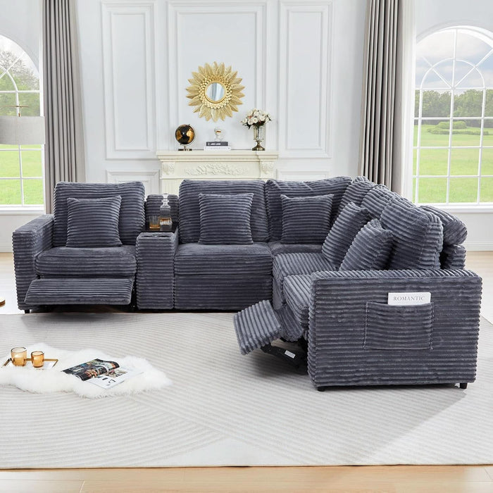 Oversized Modular Sectional Sofa with 2 Power Reclining, Electric Recliner Couch with Storage Console and Adjustable Headrest, Plush Corduroy Fluffy 5 Seat Corner Sofa for Living Room-Blue Grey