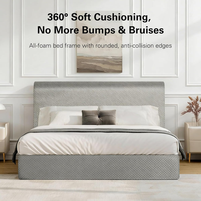 No Assembly Required Queen Size Foam Bed Frame, Ultra-Lightweight Movable Platform Bed with 360° Soft Cushioning & Anti-Collision Edges, Tool-Free Stick-On Design, No Box Spring Needed, Grey