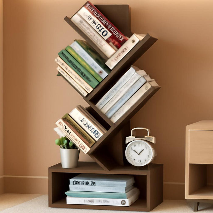 Tree Bookshelf - 6 Shelf Retro Floor Standing Bookcase, Tall Wood Book Storage Rack for Cds/Movies/Books, Utility Book Organizer Shelves for Bedroom, Living Room, Home Office, Rustic Brown