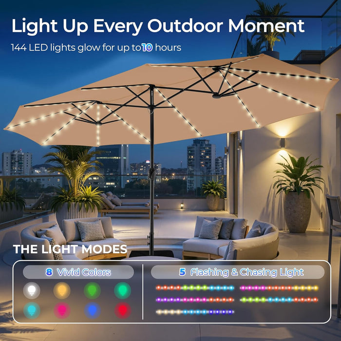 15Ft Large Patio Umbrella with Base Included, Double Sided Outdoor Umbrella with Solar Lights, Pool Umbrella with Fade Resistant Canopy for Deck, Porch, Yard, Balcony, Beige