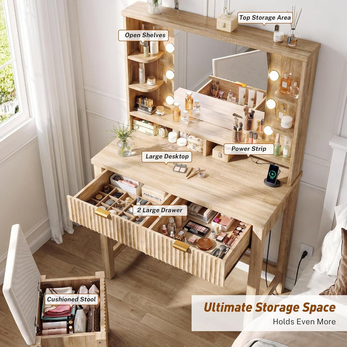 Vanity Desk with Mirror and Lights, Storage Stool Included, Oak | 3 Adjustable Lighting Modes, Charging Station for Vanity