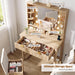 Vanity Desk with Mirror and Lights, Storage Stool Included, Oak | 3 Adjustable Lighting Modes, Charging Station for Vanity
