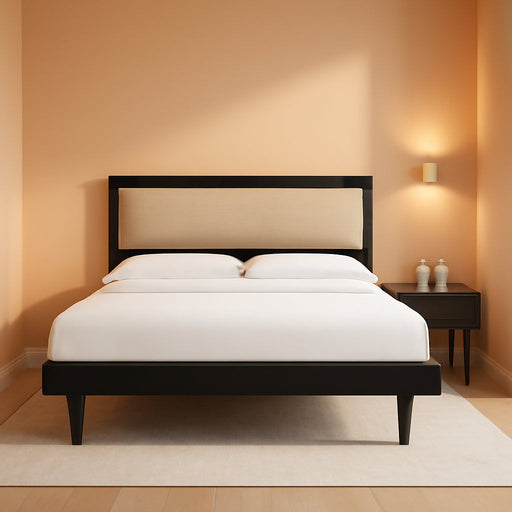 Modern Solid Wood Platform Bed with Adjustable Headboard with Cushion – No Box Spring Needed,Fast Assembly – Full Size in Black