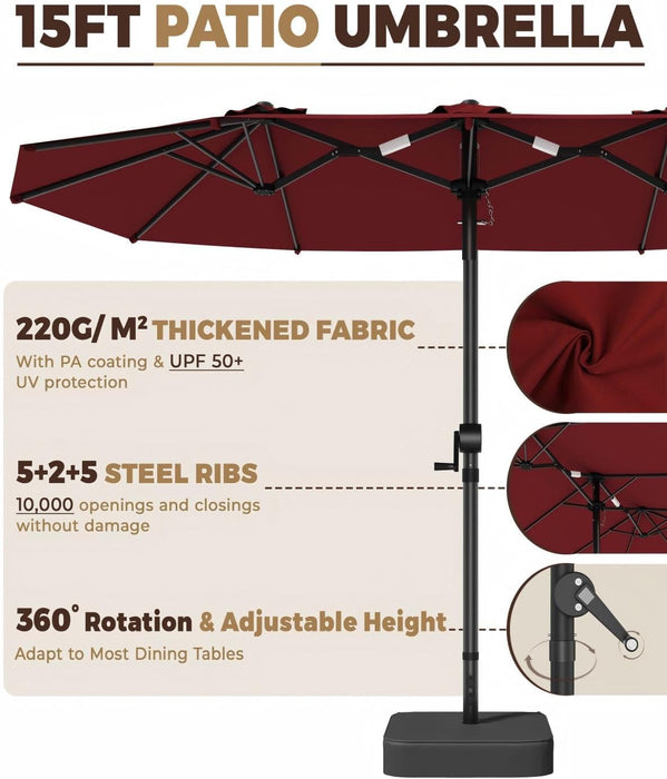15FT Large Patio Umbrella with Base Included, Outdoor Deck Standing Umbrella with Crank Handle, Double-Side Rectangular Pool Umbrella for Outside, Market, Patio, Burgundy