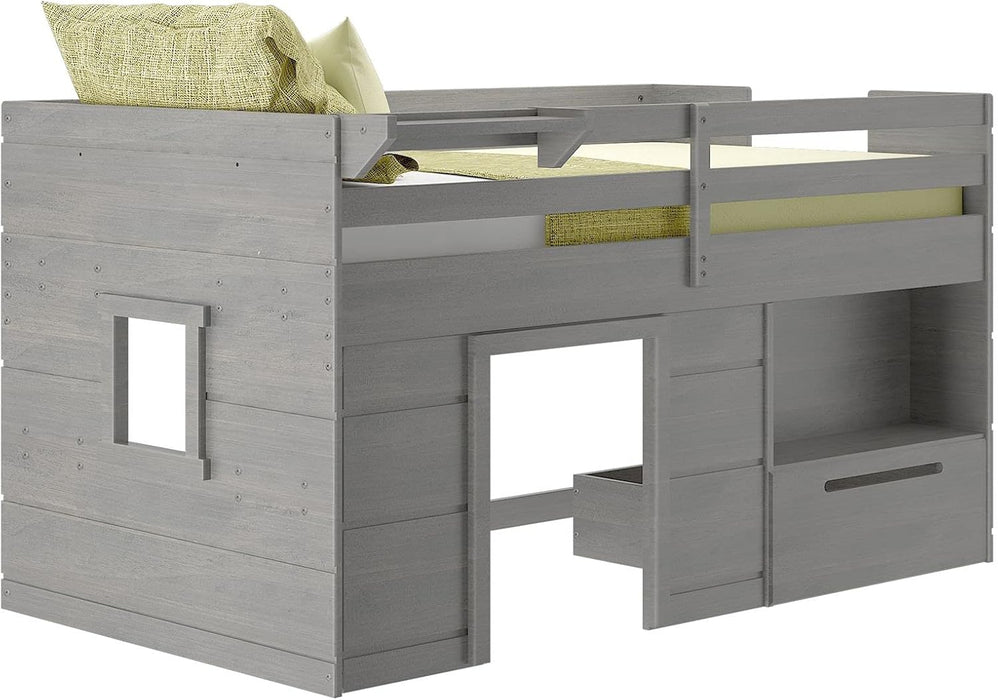 Loft Bed Twin Size, Solid Wood Low Loft Bed with Storage Drawer and Ladder, Modern Farmhouse Loft Bed for Kids, Driftwood