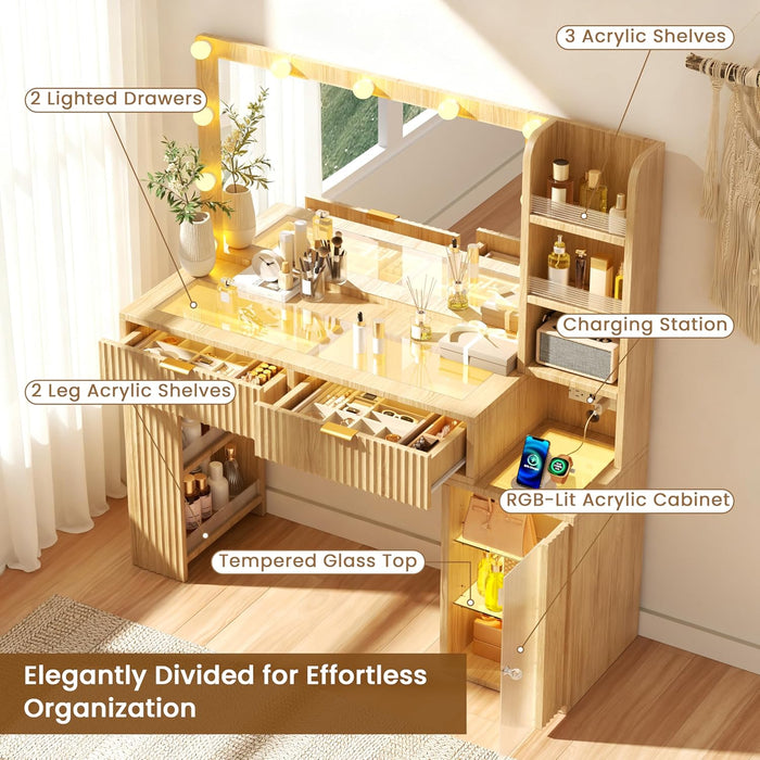 47'' Fluted Makeup Vanity Desk with Large 36" Mirror & Hollywood Bulbs, Smart RGB Lights, Glass Top Vanity with 5 Shelves, 2 RGB Drawers, Acrylic Cabinets, Wood Vanity with Charging Station,Oak