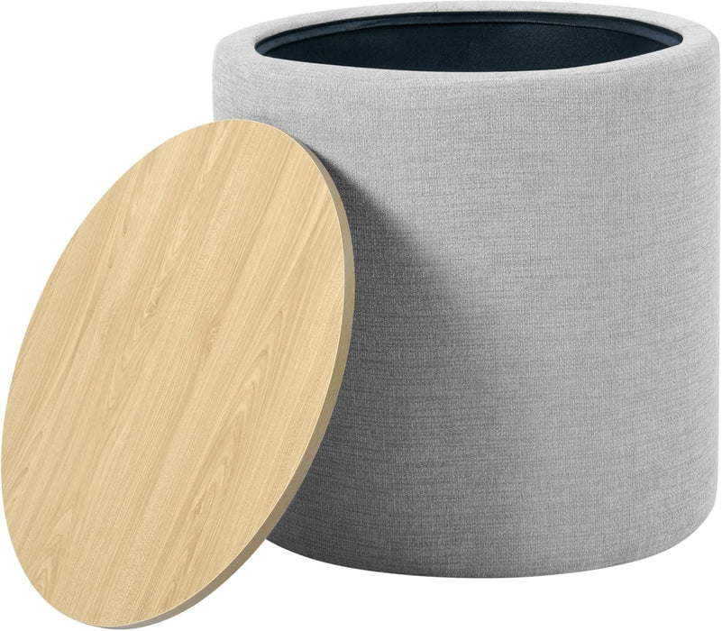 Storage Ottoman with Wood Top - Light Gray Textured Woven