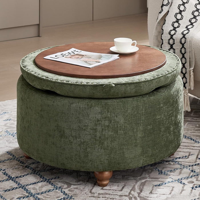 30Inch round Storage Ottoman with Tray, Modern Tufted Circle Coffee Table with Storage, Upholstered Ottoman with Removable Top for Living Room, Bedroom, Chenille Green