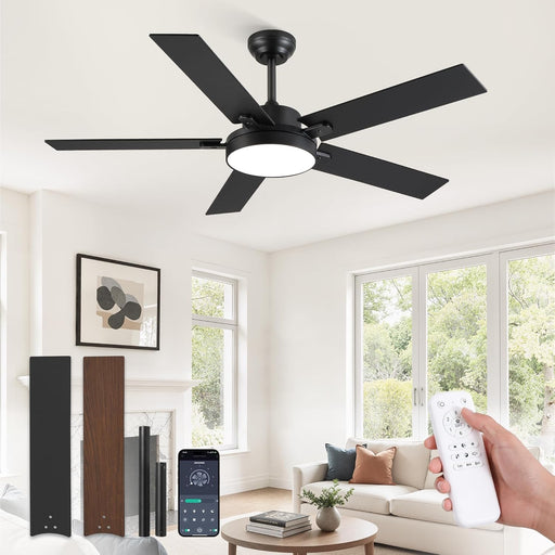 52 Inch Ceiling Fans with Lights, Smart Remote/App Control, Modern Ceiling Fan with 6 Speeds & 3CCT, Dimmable 30W LED, Quiet DC Motor, Noiseless for Living Room, Bedroom, Kitchen, Black