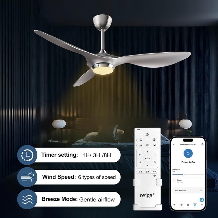 52 Inch Modern Smart Wifi Ceiling Fan with Light and Remote Control, Living Room Bedroom Patio 3 Blade Ceiling Fans with Reversible Mute DC Motor, Silver