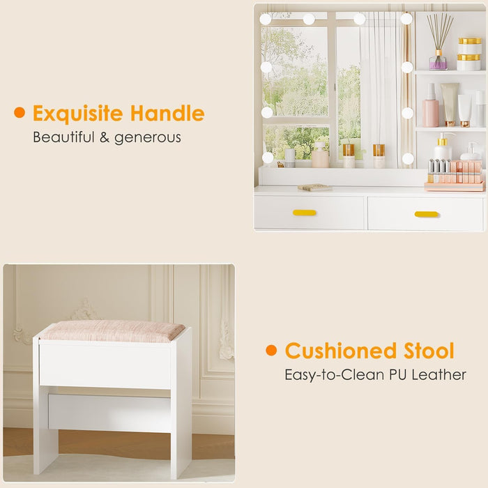 Makeup Vanity Desk with Mirror and 10 LED Lights, White Vanity with Power Outlet, 5 Drawers & Shelves, 3 Light Modes, Dressing Table with Stool for Bedroom UBDT58W