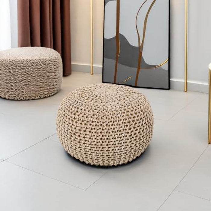 round Pouf Ottoman - Hand Knitted Cable Boho Poof Home Décor Pouffe Circular Footrest for Living Room - Nursery - Bedroom - Lounge 100% Cotton (18”X18”X14”) - Beige Ivory