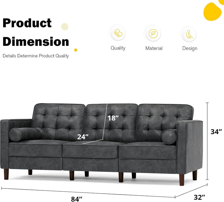 2 Pieces Faux Leather Sofa Set with Bolster Pillows,Tufted 3-Seat Sofa and Loveseat Couch with Wooden Legs, Upholstered Living Room Set for Living Room, Office, Grey