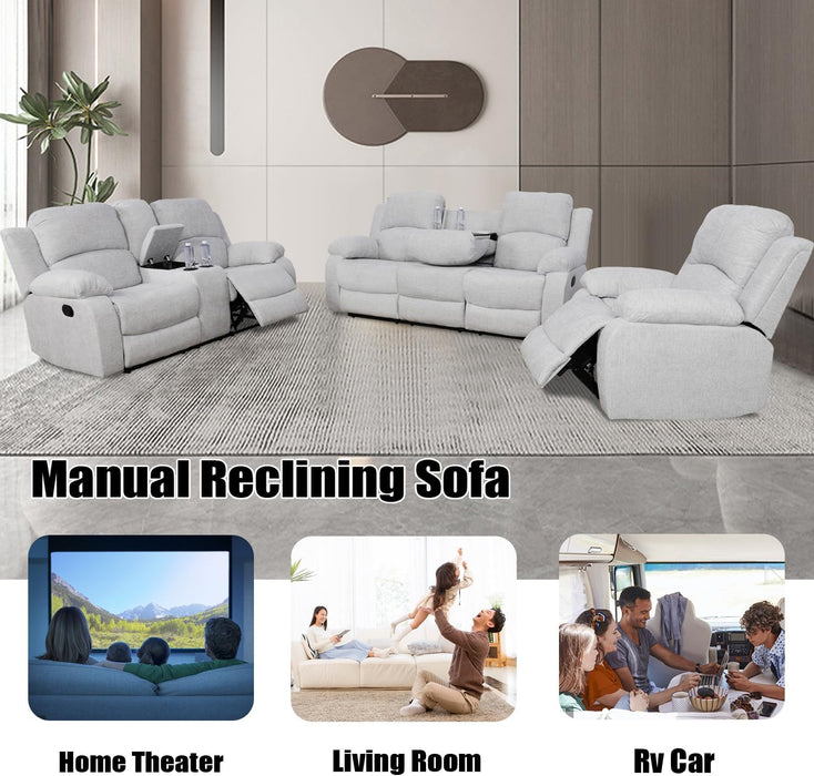 Recliner Sofa Set for Living Room Furniture Set, Reclining Sofa and Loveseat Set for Reclinier Sofa with Drop down Table/Double Recliner Loveseat with Storage Console/Grey Linen