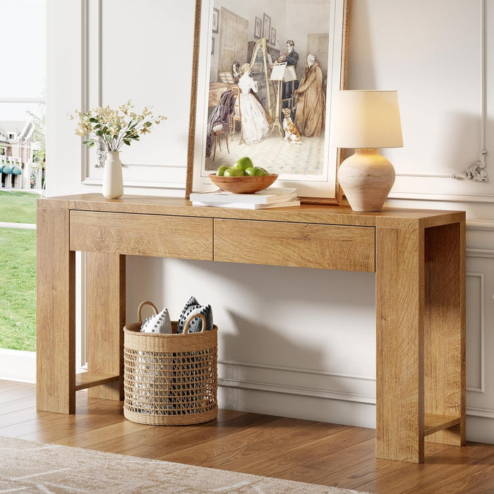 60 Inch Long Entryway Console Table with Drawers, Farmhouse Sofa Table behind Couch, Entrance Accent Table for Hallway, Living Room, Foyer, Bedroom, Wooden Thick Tabletop (Natural)