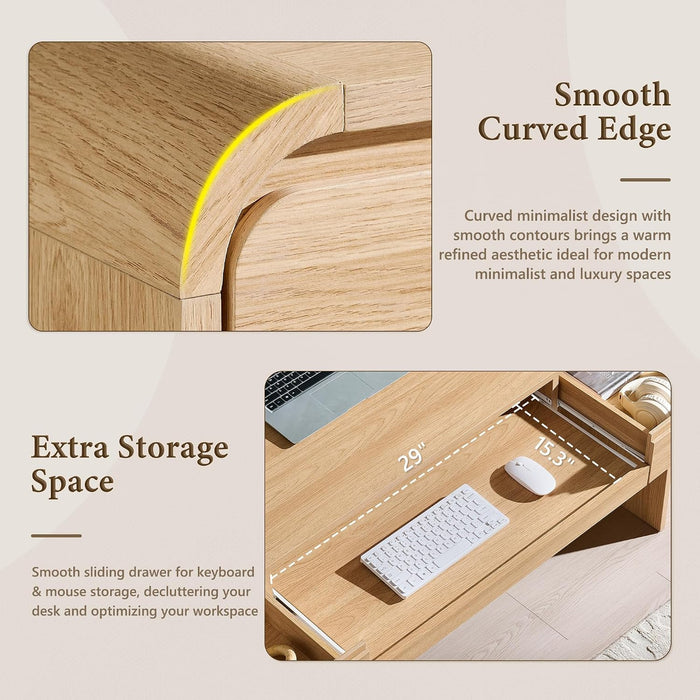 63" Curved Edge Home Office Desk, Modern Computer Desk, Natural